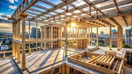 Obraz premium An unfinished wooden framework against a backdrop of an urban skyline, bathed in the golden light of a setting sun, showcasing the intricate details and structural elements of a future dwelling.