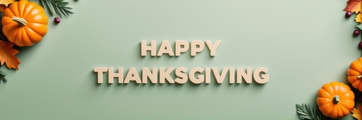 Artistic happy thanksgiving banner with elegant script text, set against a light background with watercolor fall leaves and pumpkins for a sophisticated appeal.