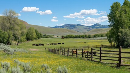 A herd of cattle graze in a lush green pasture with rolling hills and a blue sky in the background.