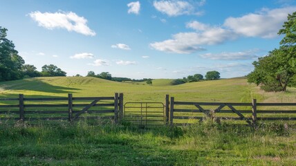 A serene landscape featuring rolling green hills and a rustic wooden fence.