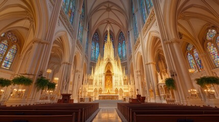 Obraz premium The interior of a church with stained glass windows, a high vaulted ceiling, and a gold altar.