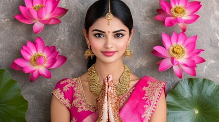 Indian Woman in Pink Sari with Lotus Flowers and Henna Hands