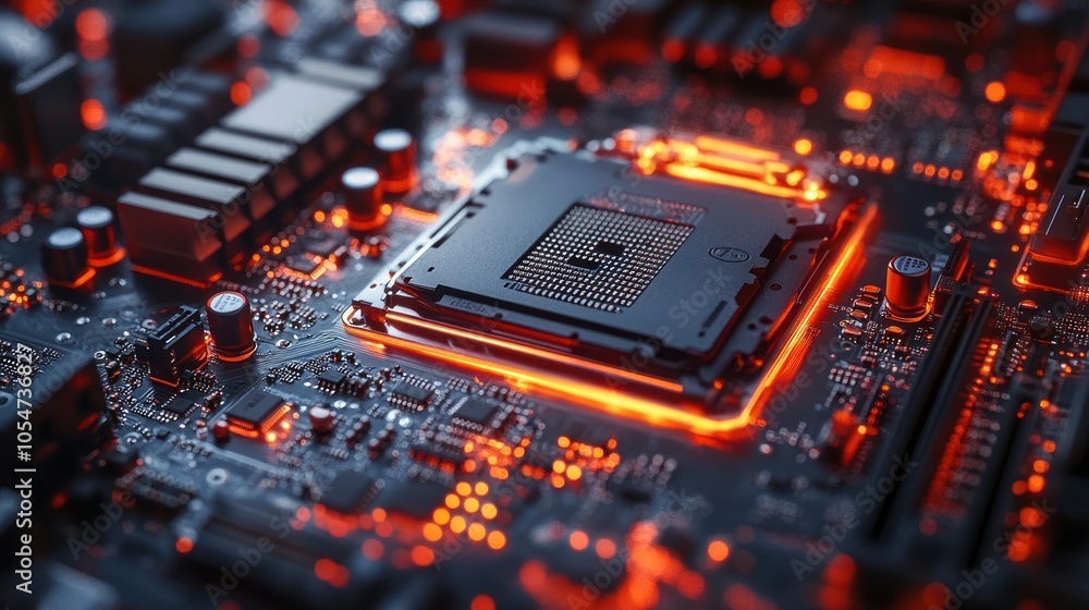 Poster close-up of a circuit board with glowing components and processor.