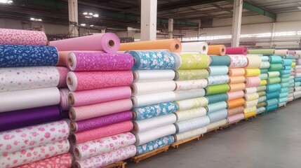 A vibrant display of rolled fabrics in various colors and patterns, neatly arranged in a warehouse setting.