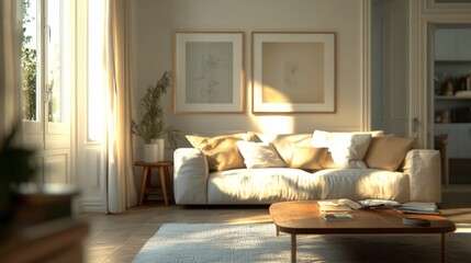 Fototapeta premium Door opening into bright living area, soft colors, cozy couch, coffee table, natural light, blurred background details, spacious feel.