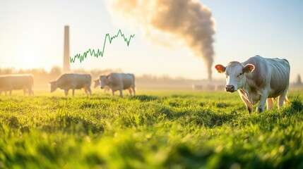 A serene countryside scene featuring cows grazing in a lush field, contrasted with industrial smoke and a rising graph overlay.