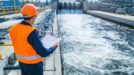 A worker in safety gear inspects water flow at a wastewater treatment facility, overseeing operations and monitoring environmental safety.