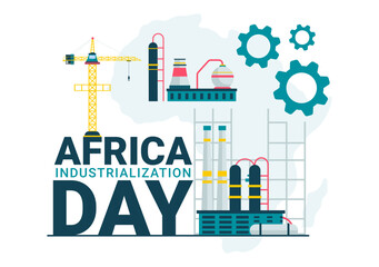 African Industrialization Day Vector Illustration of a Factory Building with Chimneys Operating in the City Center, Set in a Flat Style Background