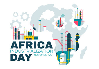 Obraz premium African Industrialization Day Vector Illustration of a Factory Building with Chimneys Operating in the City Center, Set in a Flat Style Background