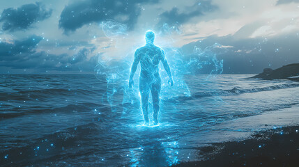 Obraz premium Empowering figure at the shore of serenity - psychic spirituality. Astral Projection. Illustration