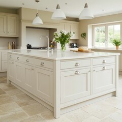 Fototapeta premium Modern kitchen with an island, light fixtures, and natural decor.