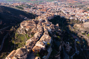 View from drone of old hanging houses of Cuenca city, capital of Cuenca province in east-central...