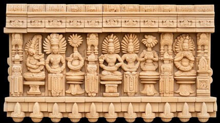 Fototapeta premium Ancient Indian Stone Carving with Deities and Floral Motifs