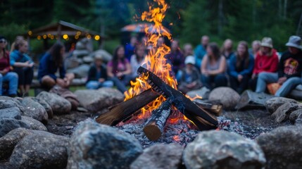 Obraz premium Close friends gather around a campfire, enjoying the warmth and glow on a summer evening, creating memories of fun and adventure