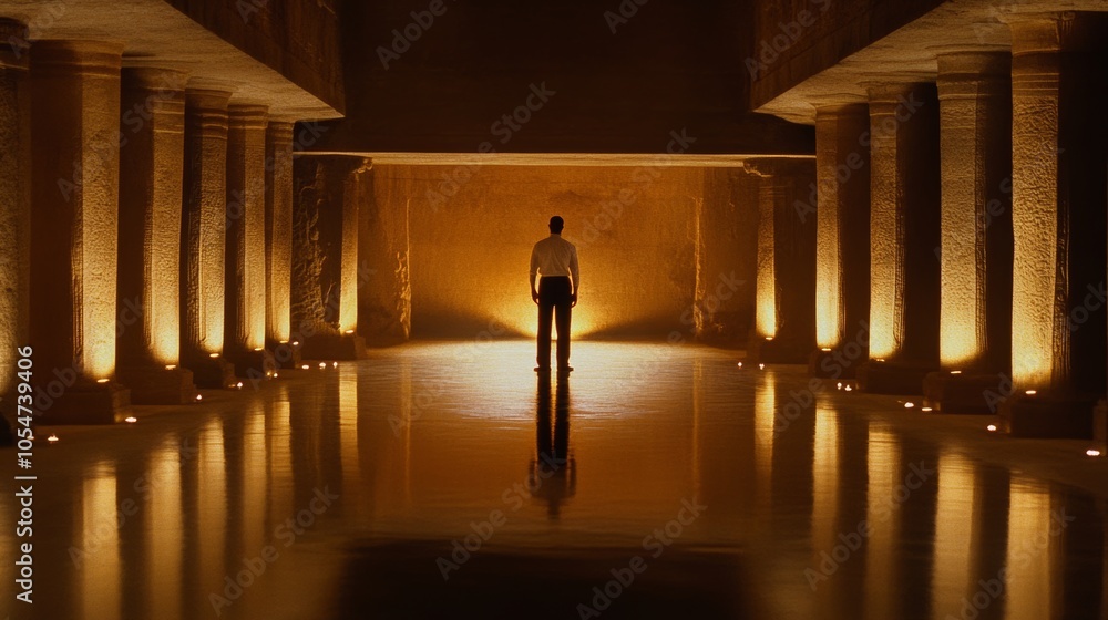 Poster Man Standing Alone in Ancient Temple Corridor with Reflecting Floor