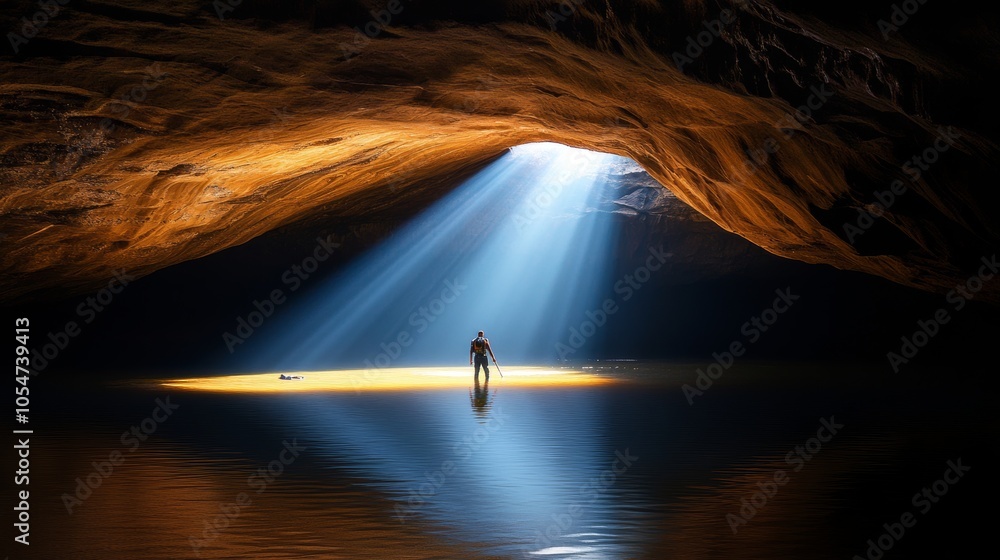 Poster man standing in a cave with light streaming in