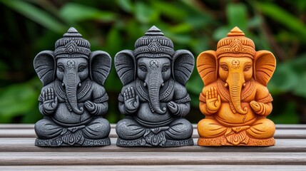 Obraz premium Three Ganesha Statues on Wooden Surface Hinduism Elephant God Indian Religion Spiritual Symbolism