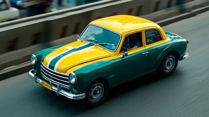 Green and Yellow Vintage Car Driving on a Road