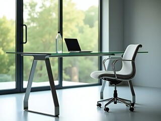 This is a modern office space with a sleek design. It features a white desk with a laptop and a bottle of water on it, a black chair, and a window with green trees outside..jpg