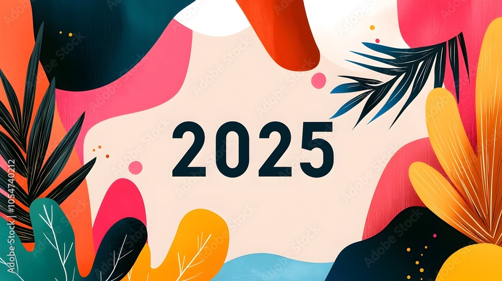 Fototapete minimal and sleek 2025 new year text composition with abstract festive elements like ribbons and con