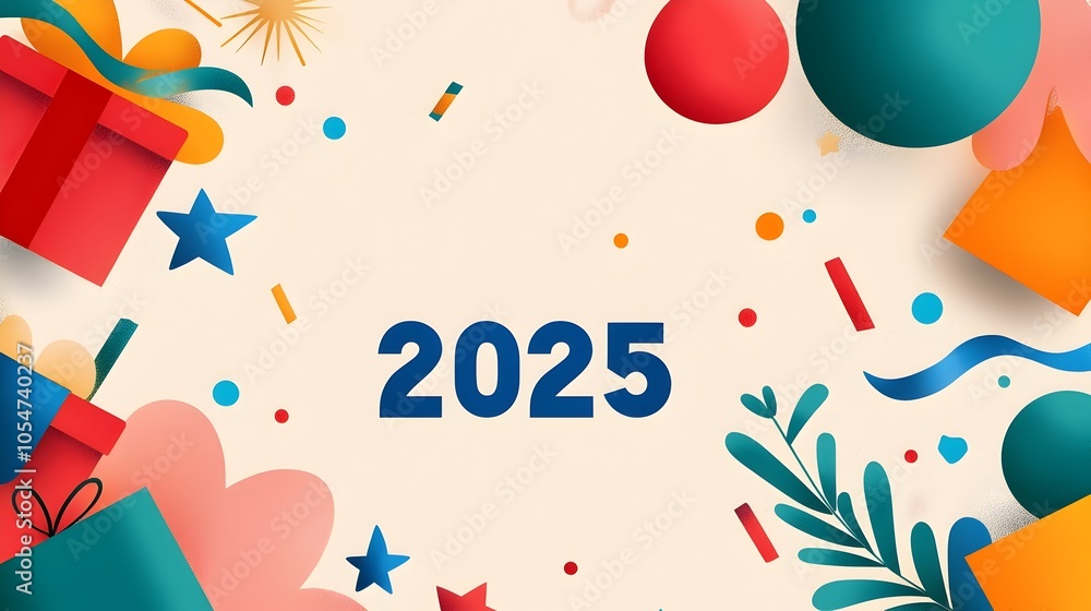 Poster elegant sleek serif font new year 2025 design with minimal line art of festive ribbons and confetti 