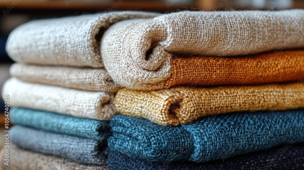 Poster a stack of neatly rolled linen fabrics in various colors.