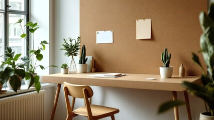 Fototapeta premium This image features a modern workspace with a desk, chair, and cactus plants. The desk is adorned with a whiteboard and pencil holder, while the chair is made of wood. There are two cactus plants
