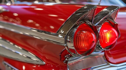 Gleaming chrome taillights are featured on this classic red car, showcasing the beauty of automotive design from a bygone era