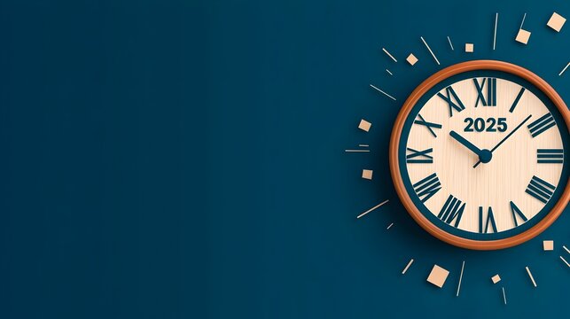 Minimalist 2025 design with a font integrated with a clean line art of a clock striking midnight creating a contemporary visually appealing concept for advertising marketing and promotional materials