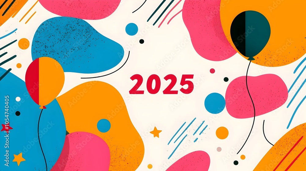 Aufkleber Futuristic 2025 countdown with minimal line art of fireworks and party balloons in an open abstract design perfect for marketing text or holiday event graphics