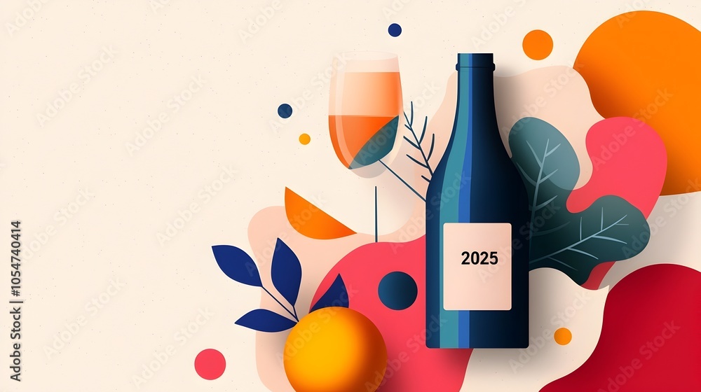 Aufkleber Stylish and modern New Year 2025 design with a flowing handwritten style 2025 text integrated with simple line art of a sparkling champagne bottle leaving open space for advertisements or overlays