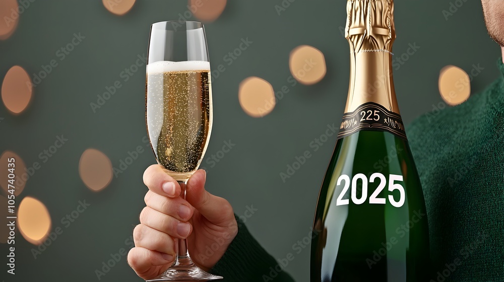 Aufkleber elegant modern 2025 new year with handwritten style flowing font and minimalist line art of a sparkl