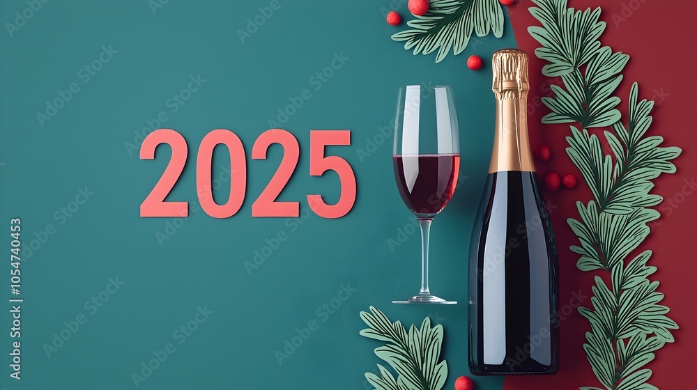 Poster Elegant minimalist featuring a flowing handwritten style 2025 date design integrated with a simple line art of a sparkling champagne bottle perfect for New Year s Eve holiday themed creative projects