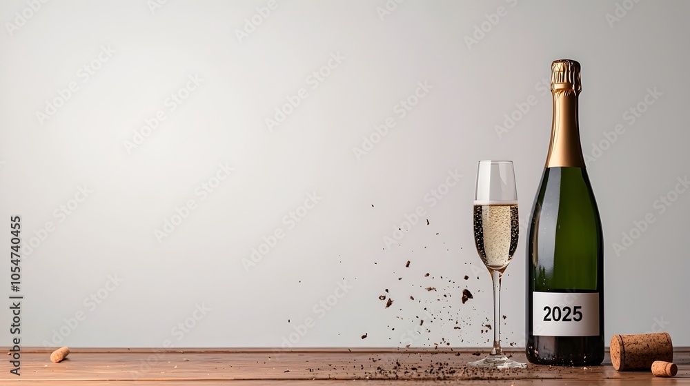 Aufkleber Minimalist and modern digital of a flowing handwritten style 2025 number integrated with a simple line art of a sparkling champagne bottle creating a stylish New Year scene