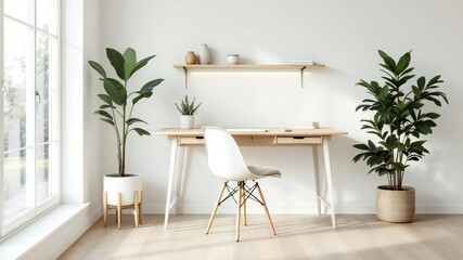 Fototapeta premium This image shows a modern and minimalist home office setup. The desk is white and has a shelf above it. There is a chair in front of the desk. The room has a wooden floor and walls