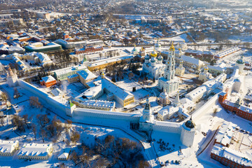 Scenic aerial view of architectural ensemble of Trinity Lavra of St. Sergius covered with snow in...