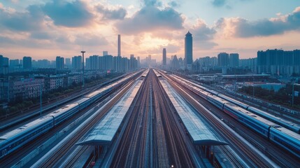 Fototapeta premium Overlooking China's modern high-speed railway station from the sky, the neatly arranged high-speed trains on the platform appear magnificent and spectacular under the blue sky and white clouds