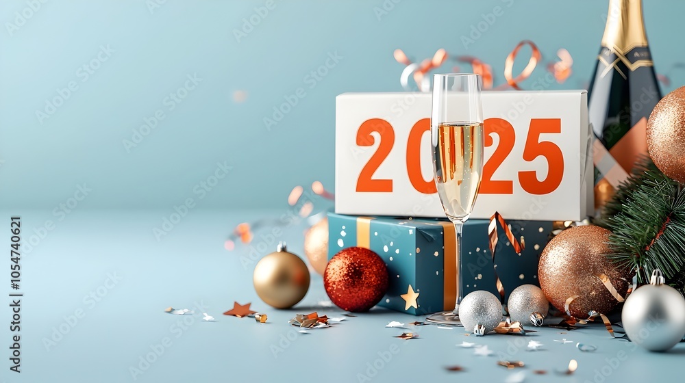 Poster Elegant and modern geometric typography design for 2025 with subtle line art of sparkling stars and celebratory streamers complemented by festive champagne glasses