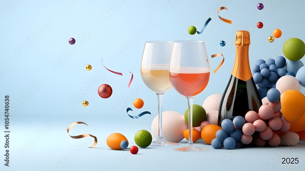 Aufkleber Stylish 2025 geometric font design with subtle line art of stars and streamers ensuring blank space for promotional content enhanced by festive champagne glasses for a modern