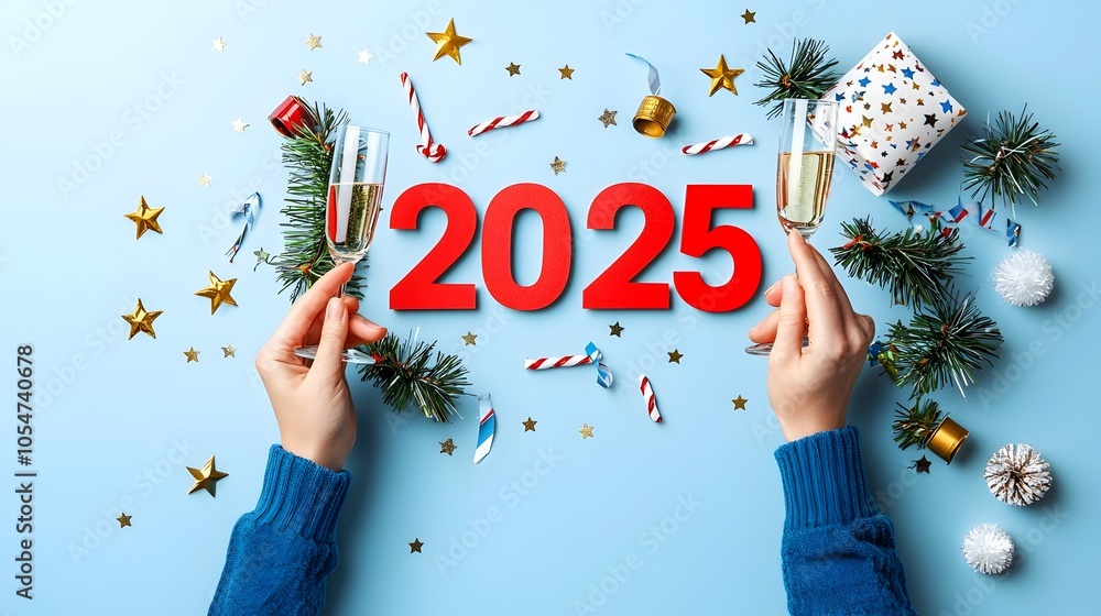 Poster Minimalist Geometric 2025 with Streamers Stars and Champagne Glasses   Featuring Open Spaces for Advertisement Copy and Festive Design Elements