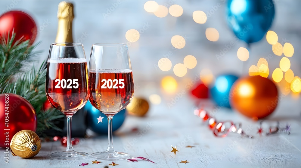 Aufkleber minimalist geometric font design in 2025 with line art of champagne glasses stars balloons and strea