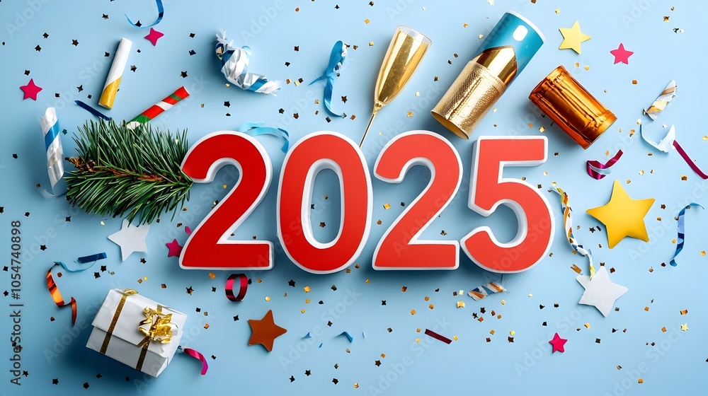 Poster Sleek and modern geometric font design of the year 2025 enhanced by minimal line art elements such as stars champagne glasses and streamers