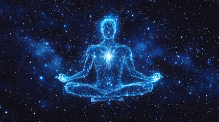 Cosmic meditation odyssey translucent meditating figure swirling chakra energy astral projection starry cosmos background sacred geometry overlay. Astral Projection. Illustration