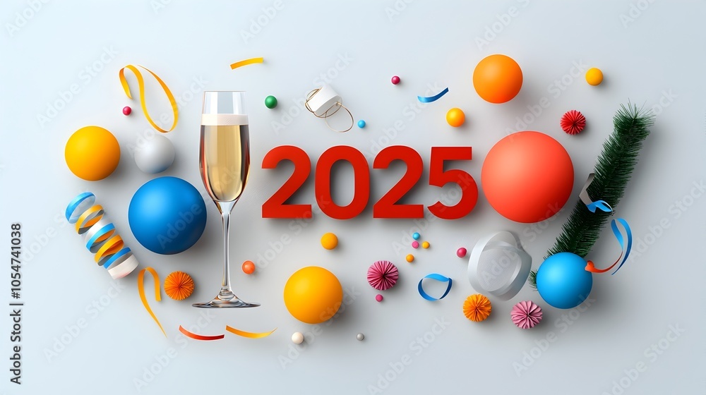 Aufkleber Minimalist and modern design featuring a geometric font with the year 2025 complemented by line art of champagne glasses and festive streamers