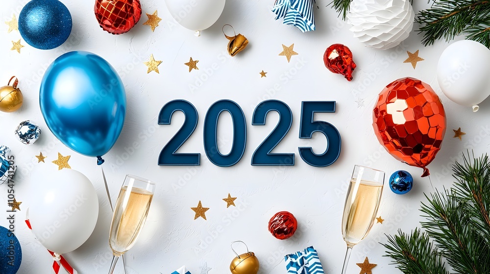 Poster elegant and modern geometric 2025 design with minimal line art elements like stars balloons and cham