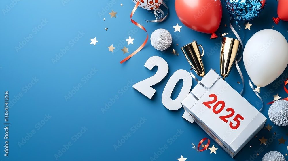 Aufkleber Elegant and minimalist geometric 2025 design featuring line art of balloons stars champagne glasses and streamers creating a visually appealing and festive background for marketing purposes