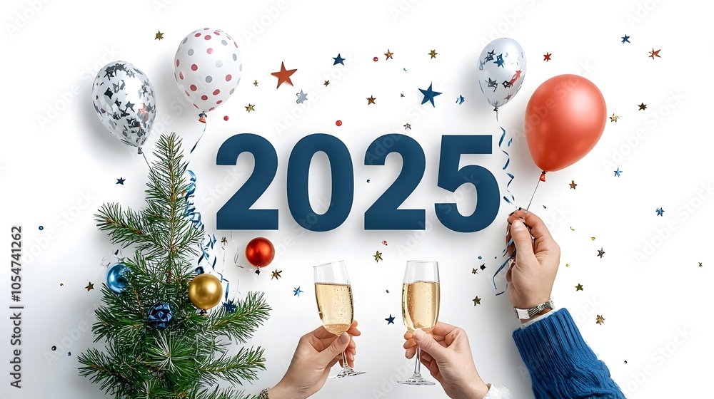 Aufkleber elegant and minimalist geometric design featuring the number 2025 surrounded by floating balloons sp