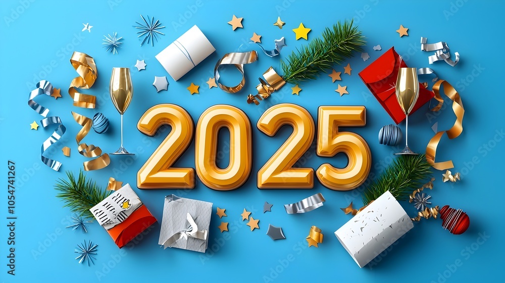 Poster futuristic and modernistic 2025 design in a geometric font accented by line art of streamers champag