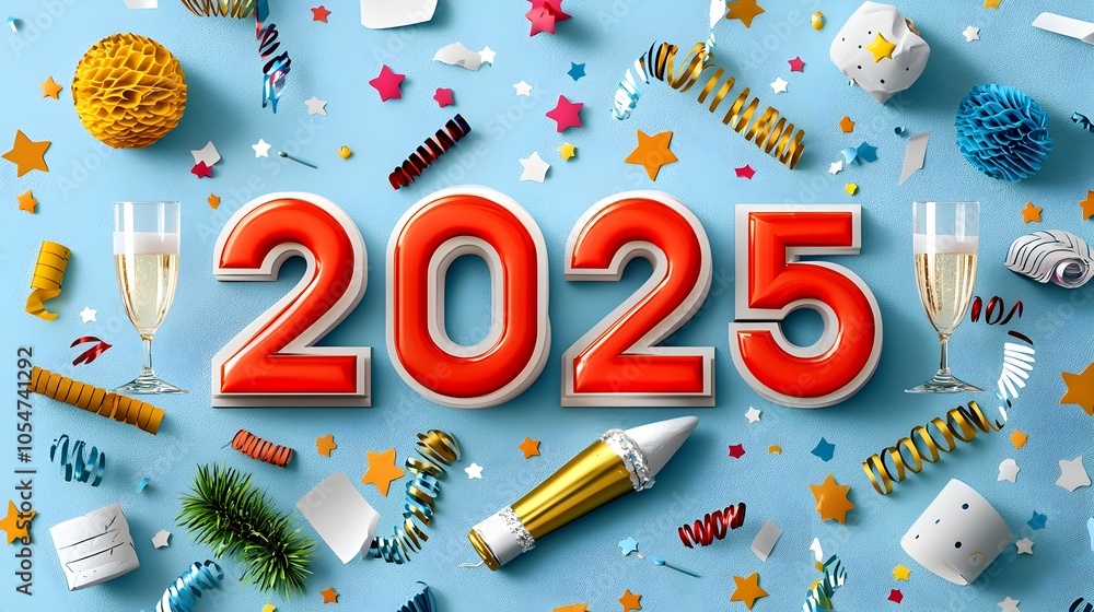 Aufkleber futuristic 2025 text in a sleek geometric font accented by line art of swirling streamers champagne 