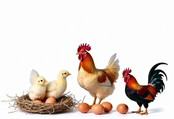 Fototapeta premium Vibrant Collection of Domestic Birds: White Leghorn Chickens, Colorful Roosters, and Brown Eggs Captured in Stunning Detail